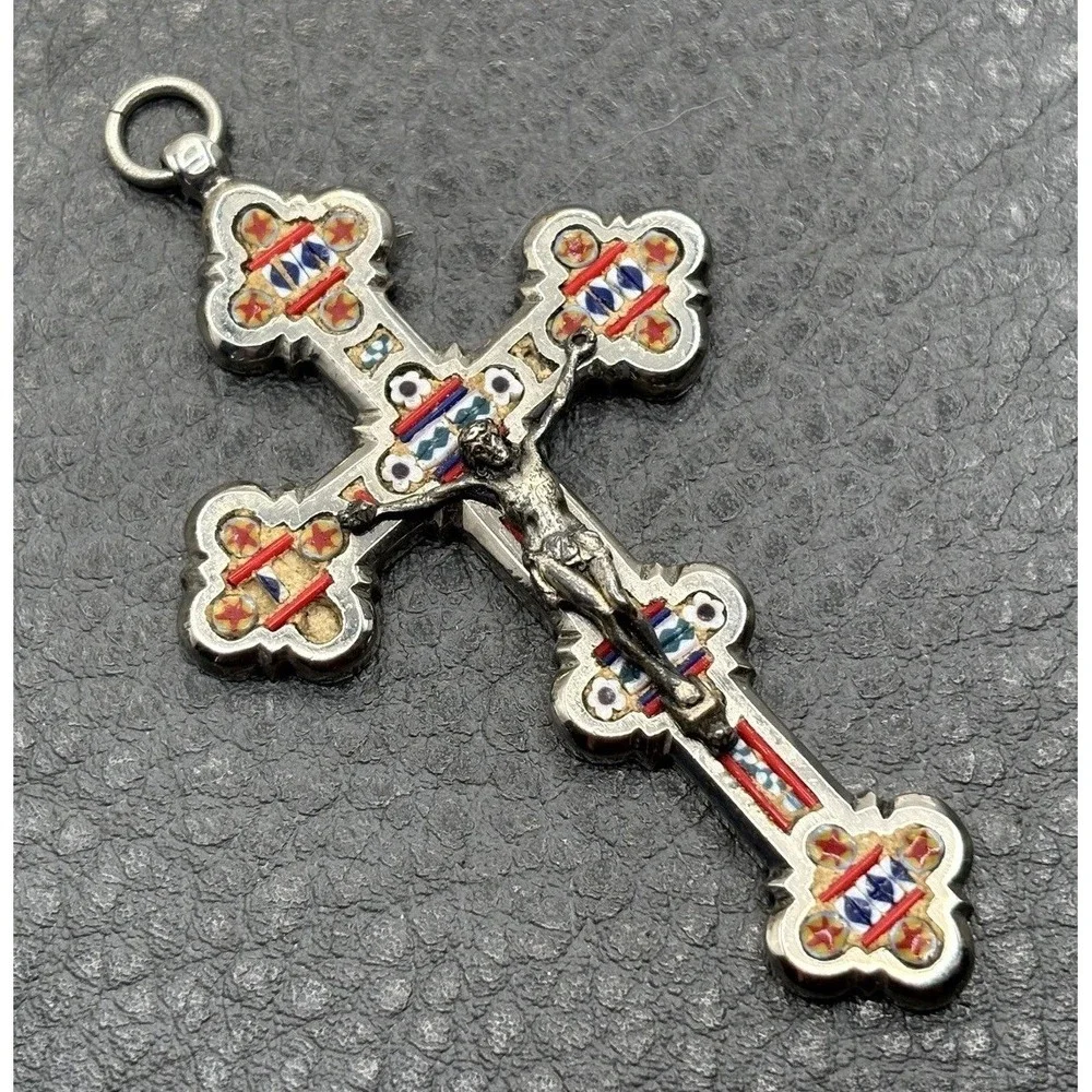 VTG Large Italian Micro Mosaic Crucifix Pendant Cross Religious READ Silver Tone